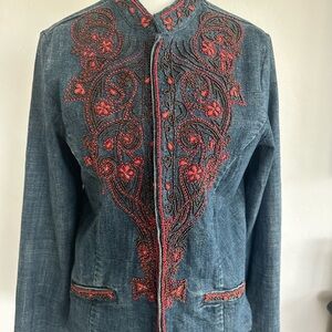 Chico's Blue and Red Embroidered Jean Jacket